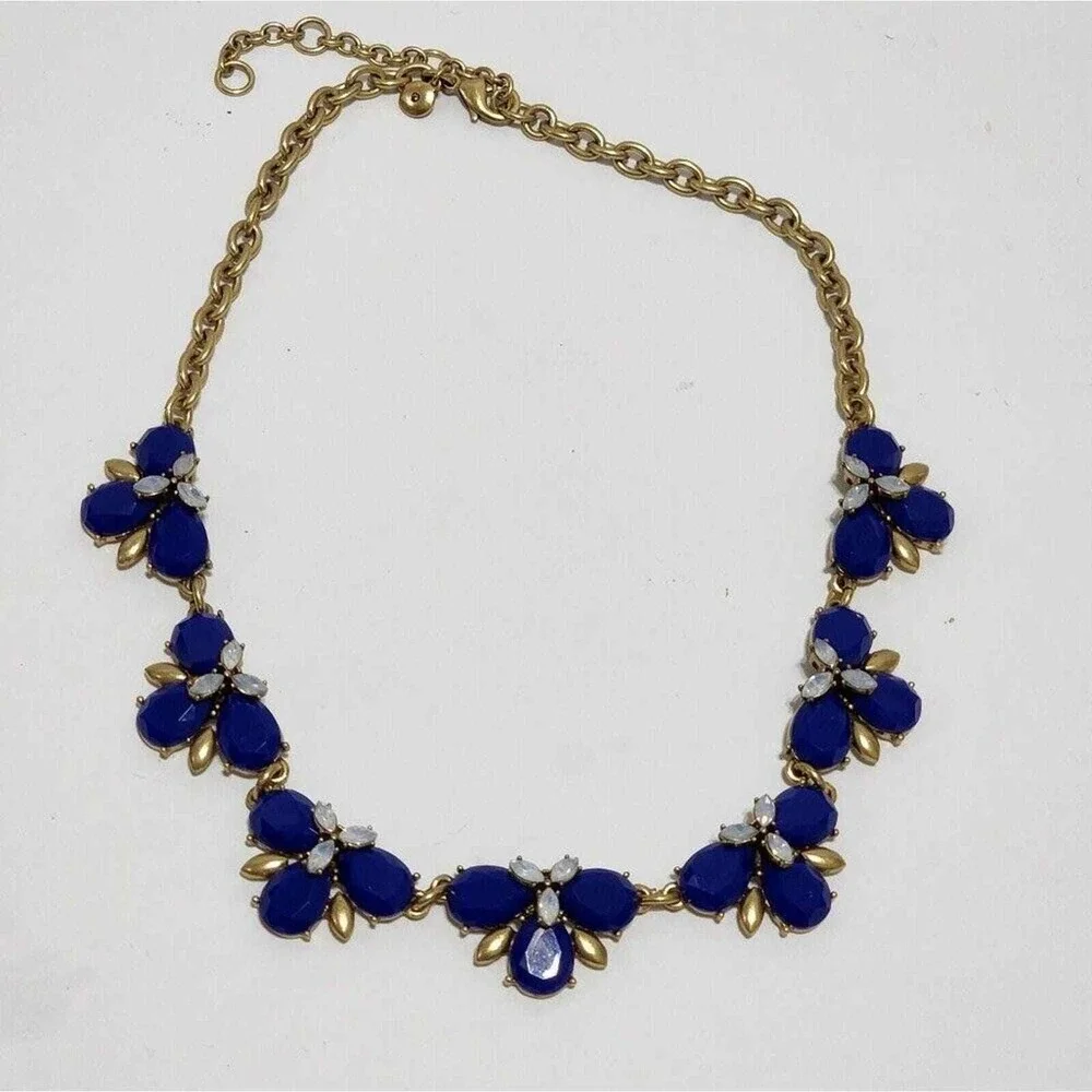 J.‎ Crew Cobalt Blue Floral Cluster Statement Necklace Gold Tone Adjustable Link